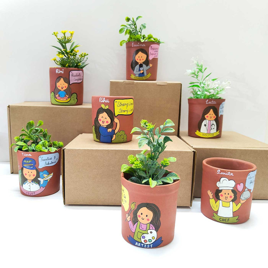 Handpainted Personalized Clay Planter With Meditation Avatar Illustrations And Quote