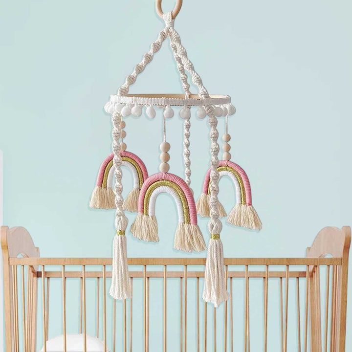 Handmade Rainbow Macrame Pink Felt Cot Mobile For Newborns