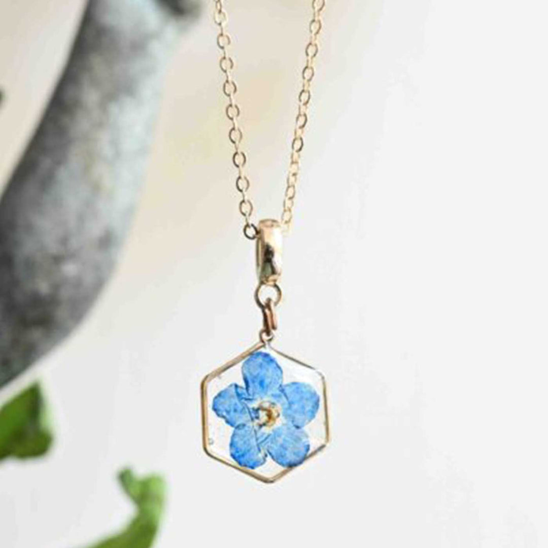 Handmade Preserved Flower Forget Me Not Hexagon Brass Necklace