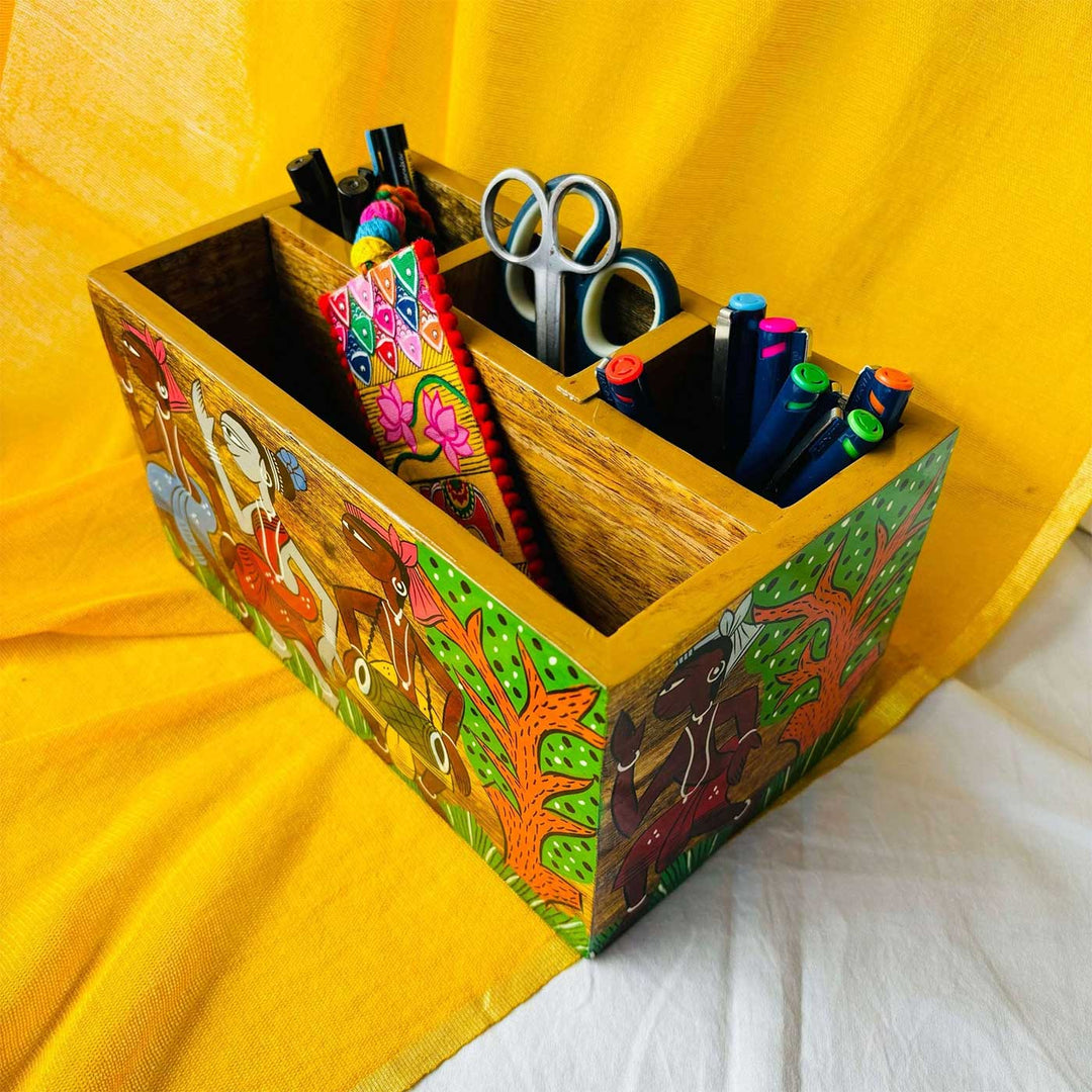 Hand-Painted Pattachitra Sangam Wooden Multipurpose Table Organiser