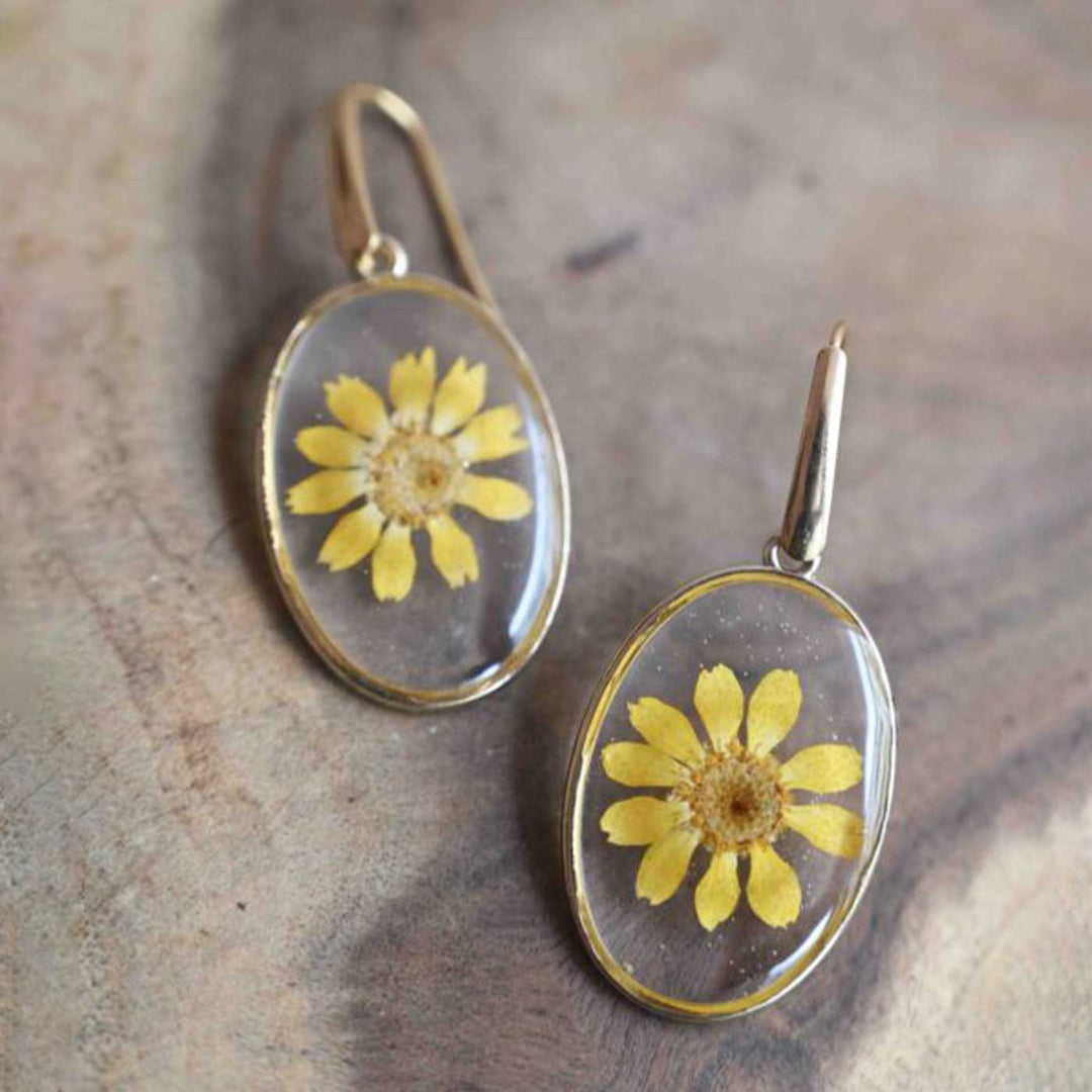 Handmade Preserved Flower Yellow Daisy Oval Brass Earrings