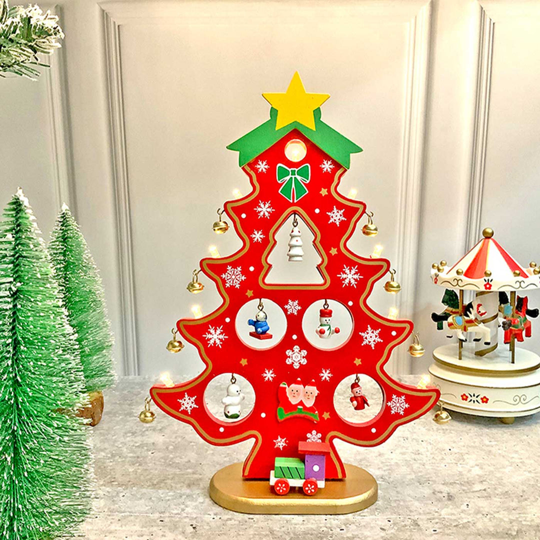 Red Xmas Tree With Led Light Wooden DIY Kit For Christmas Table Decoration | Set Of 15