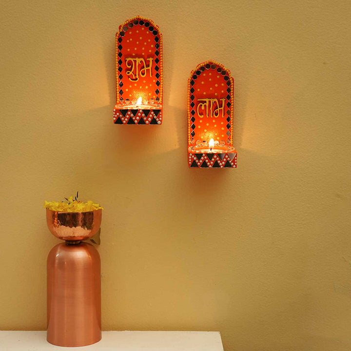 Handmade Orange Shubh Labh MDF Tealight Holder | Set Of 2