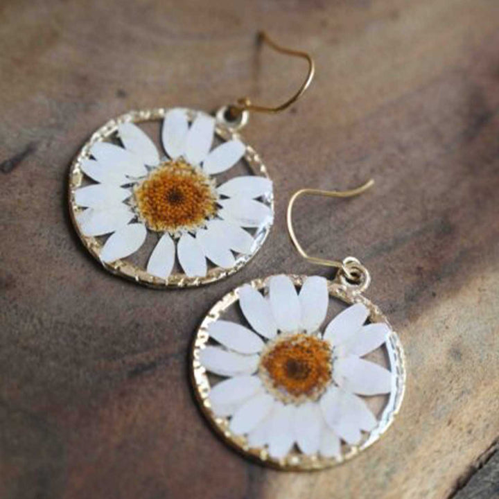 Handmade Preserved Flower Innocent White Daisy Brass Earrings