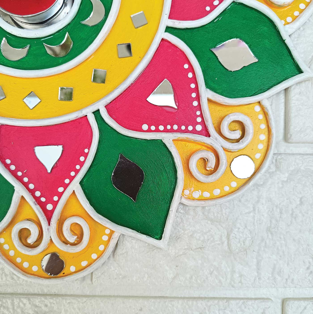 Handmade Green & Yellow Lippan Art Floral MDF Rangoli