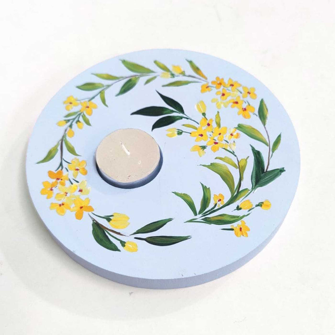 Hand Painted Floral MDF Wood Round Tealight Holder