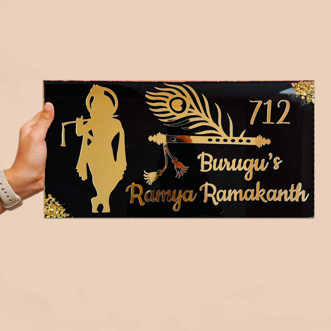 Personalized Black & Gold Krishna Theme Resin Name Plate For Family