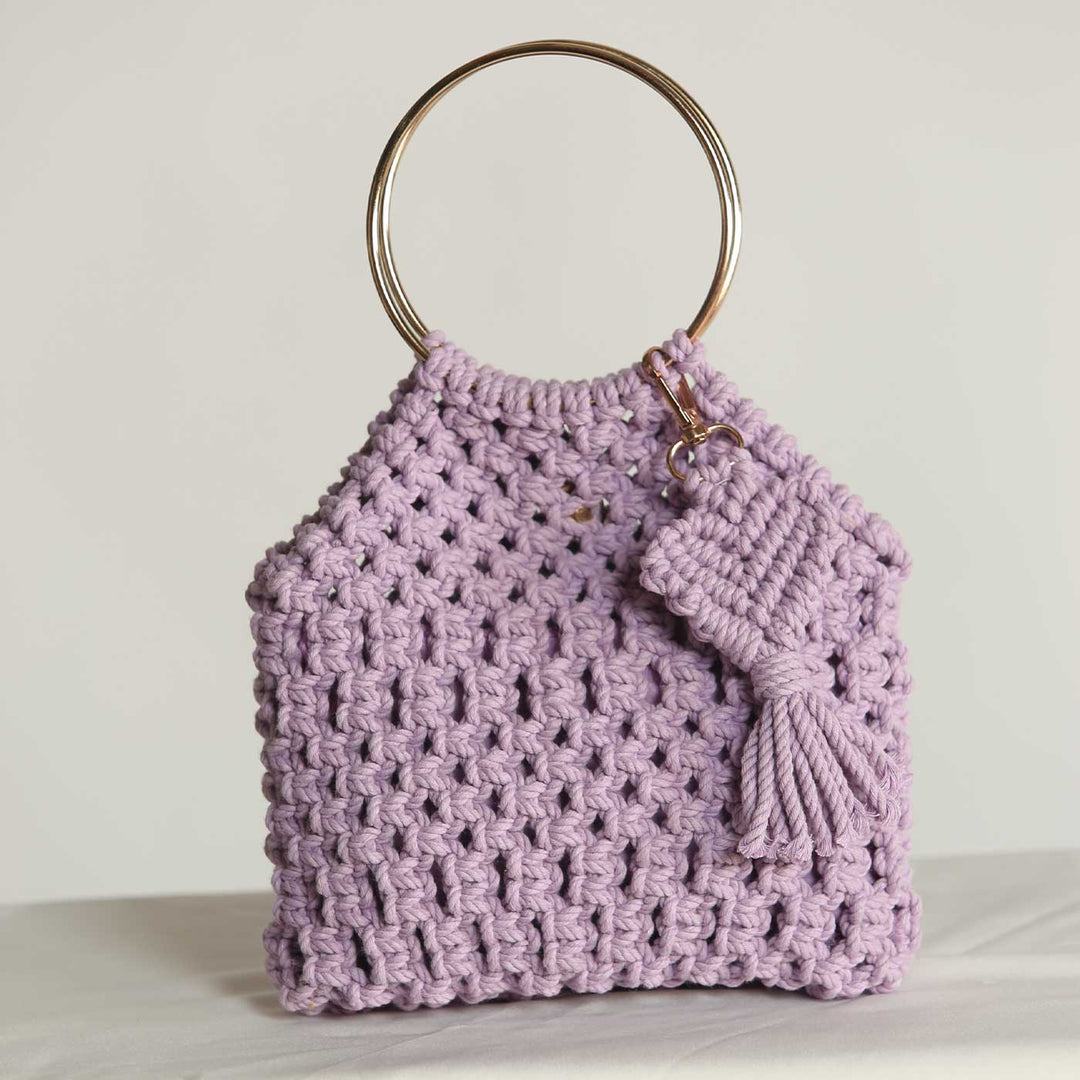 Handmade Macrame Handheld Bag With Metal Handle