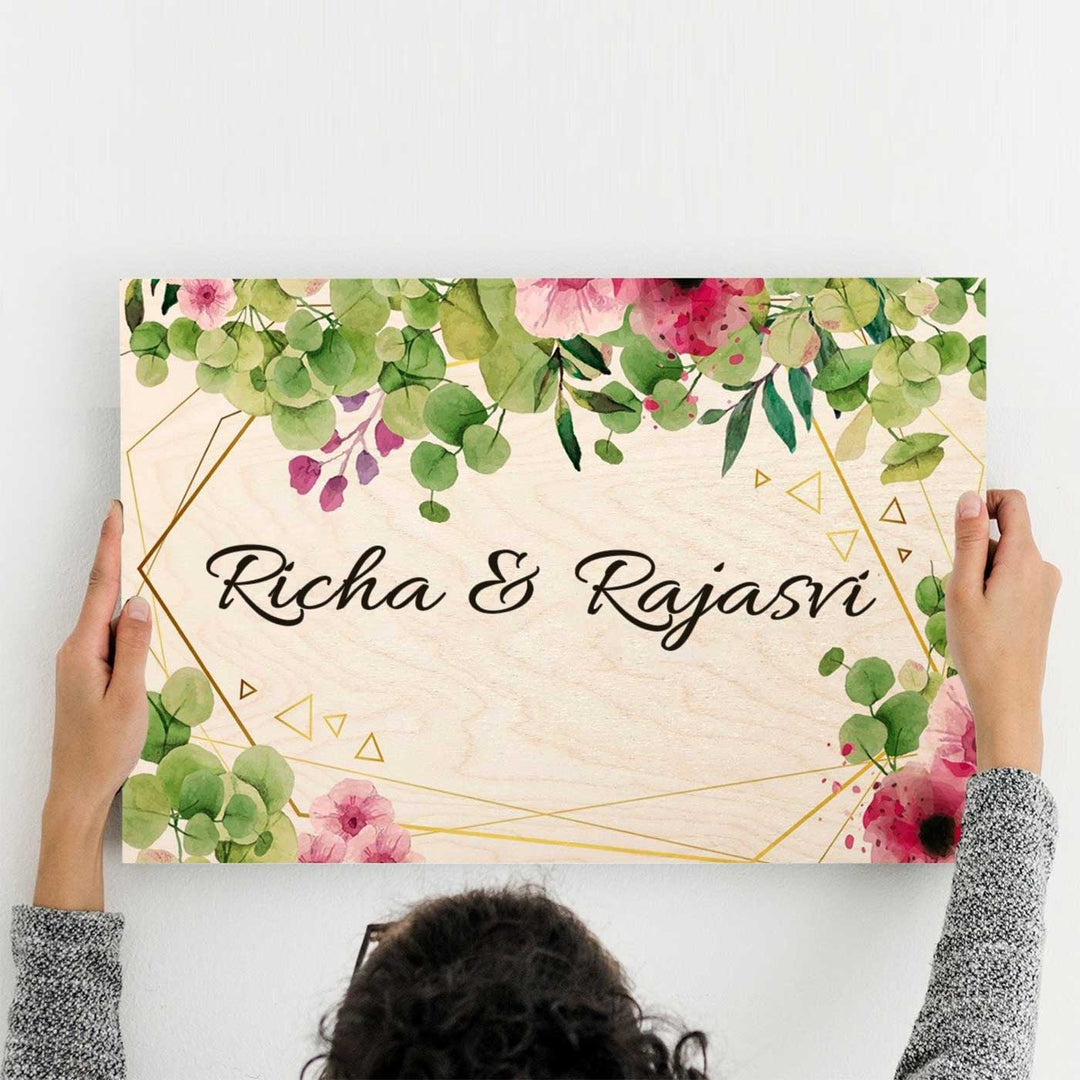 Printed Green & Pink Spring Floral Wooden Rectangle Nameplate