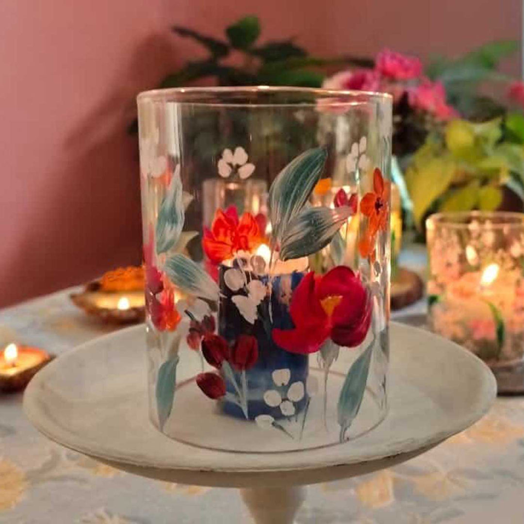 Hand Painted Floral Glass Candle Holder