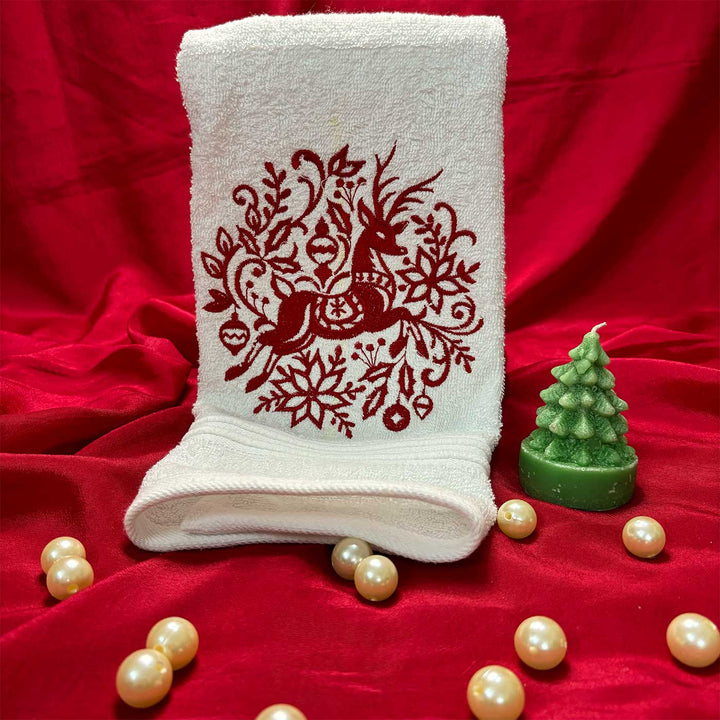 Personalized Decorative Reindeer Embroidered Cotton Hand Towel | Secret Santa Gift Ideas