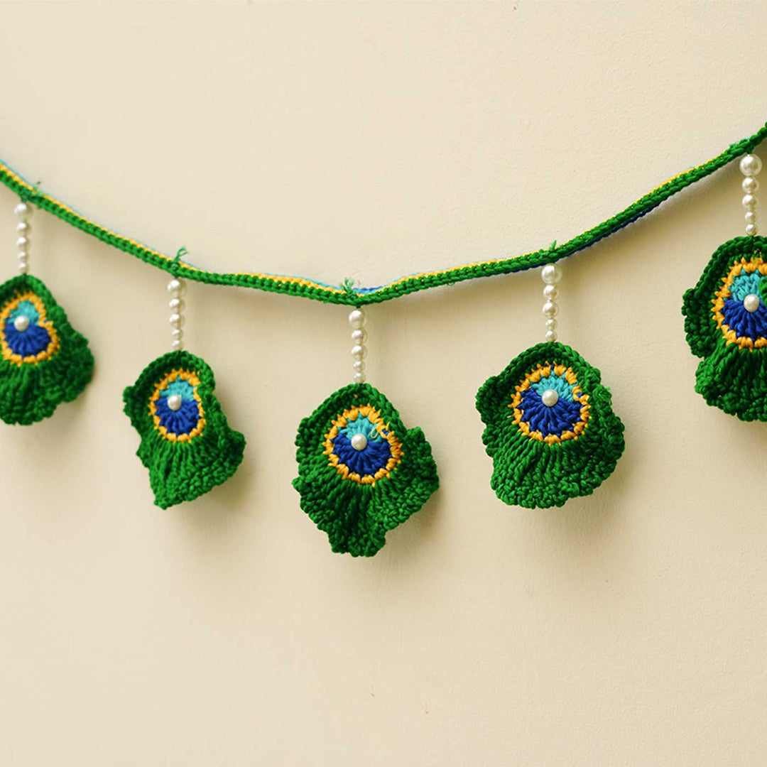 Handmade Peacock Feather Inspired Crochet Toran & Hanging Set | Set Of 3