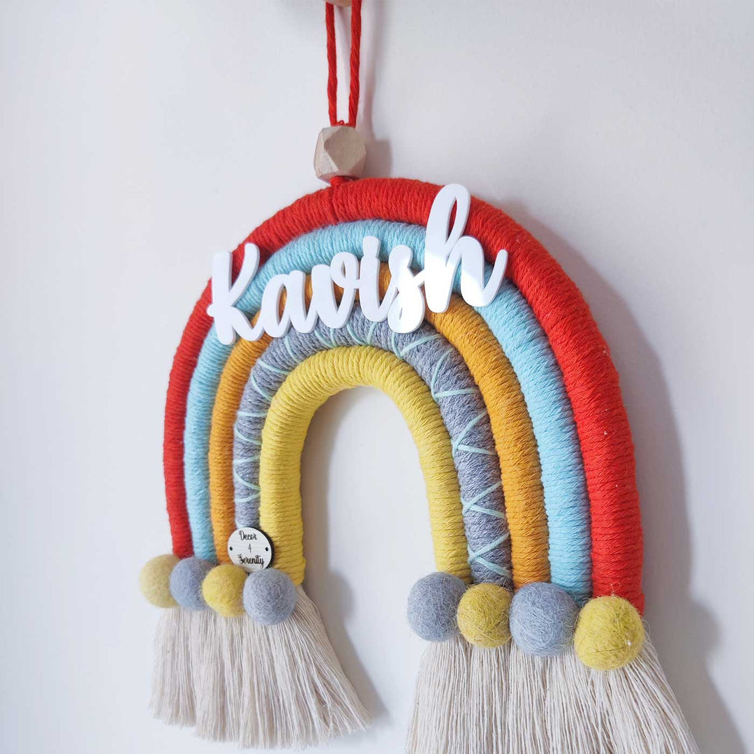 Personalized Handmade Macrame Orange & Yellow Pom Pom Rainbow Kids Name Plate With 3D Letters