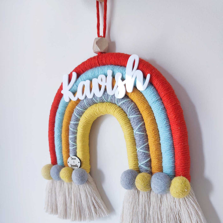 Personalized Handmade Macrame Orange & Yellow Pom Pom Rainbow Kids Name Plate With 3D Letters