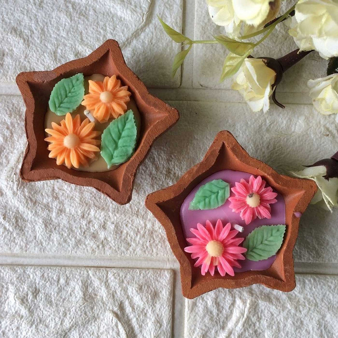 Handmade Pink & Orange Floral Diya Shaped Terracotta Candle