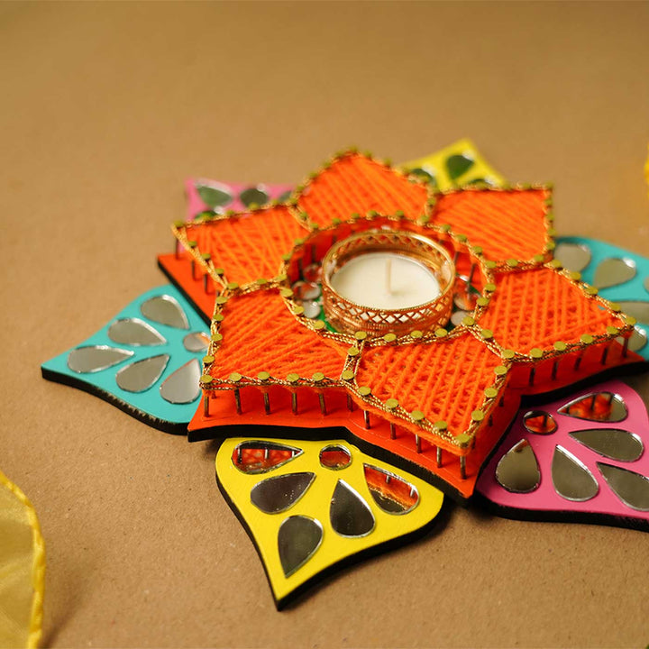 Floral Shaped Orange String Art & Mirrors Tealight Holder