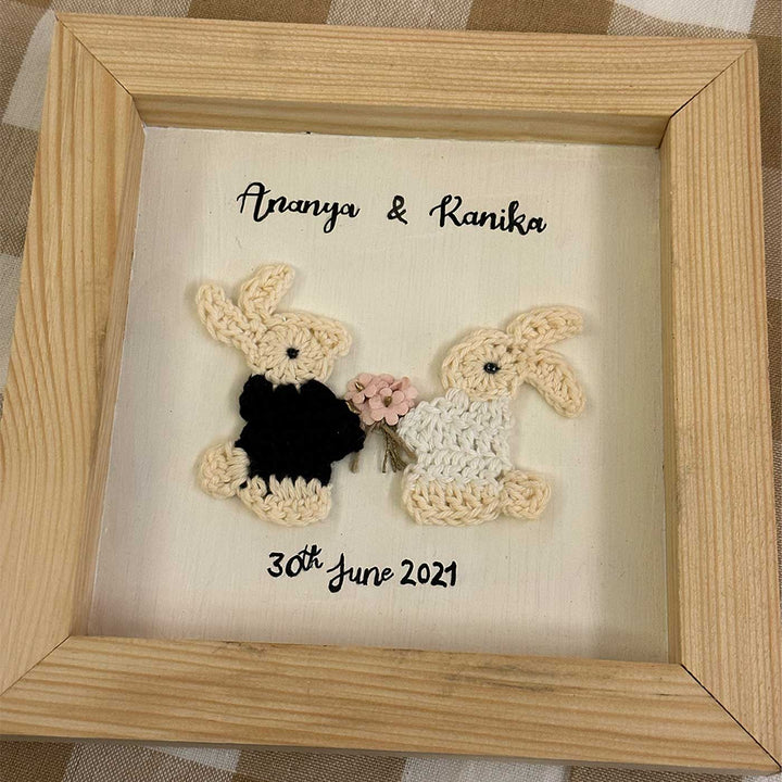 Personalized Handmade Crochet Bunny Wooden Plaque For Couples