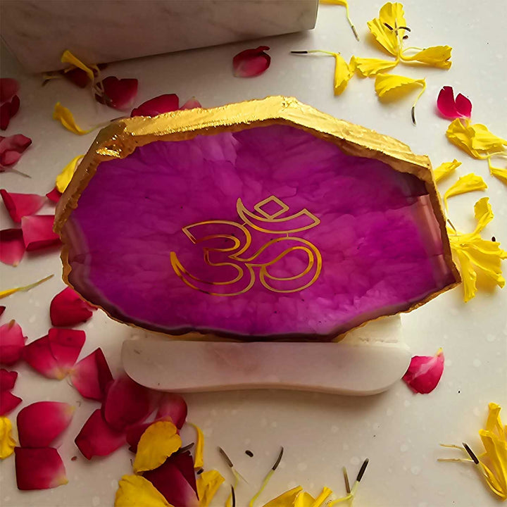 Handmade Pink Om Agate Decor With Marble Tea Light Holder