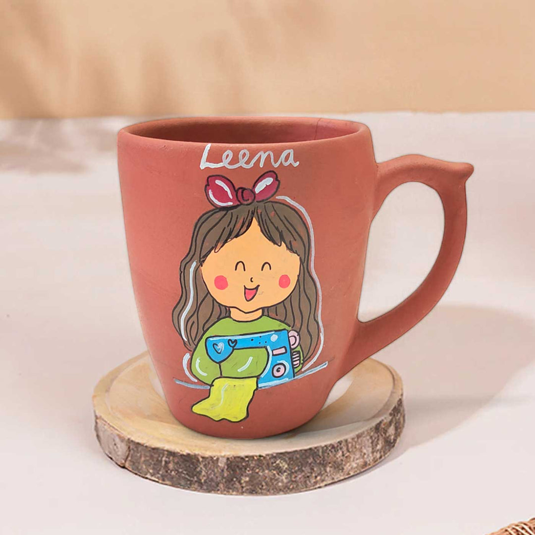 Handpainted Personalised 3D Terracotta Mug with Fashion Designer Avatar Illustrations and Quote