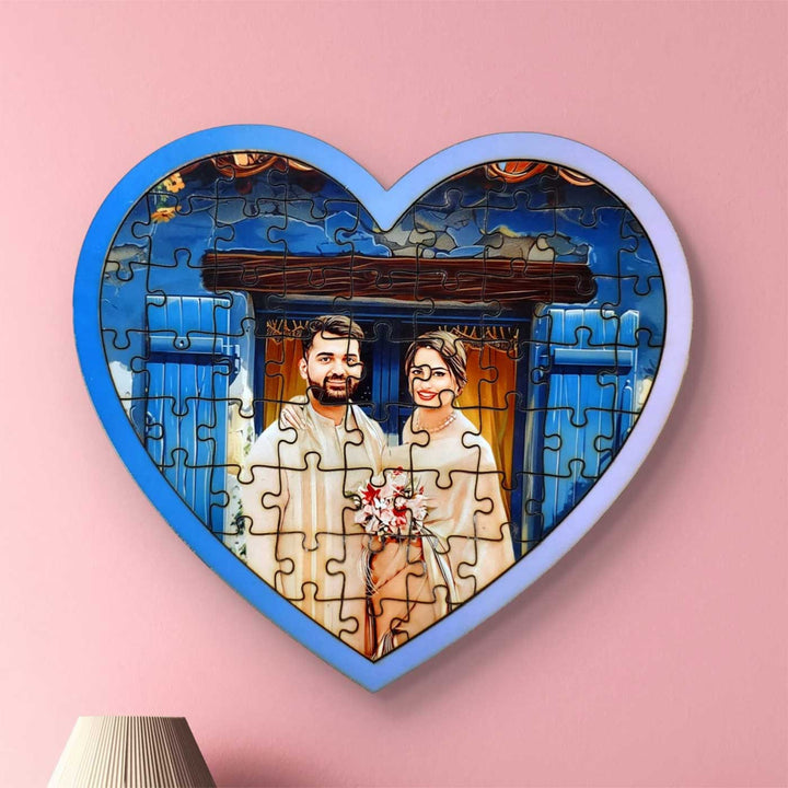 Photo Personalized Modern Blue Heart Shaped MDF Wood Puzzle