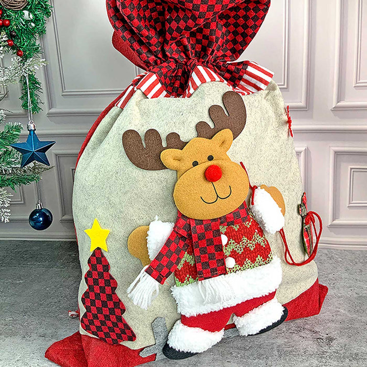 Handmade Deer Red & Grey Checks Plush Fabric Gift Sacks For Christmas Decoration