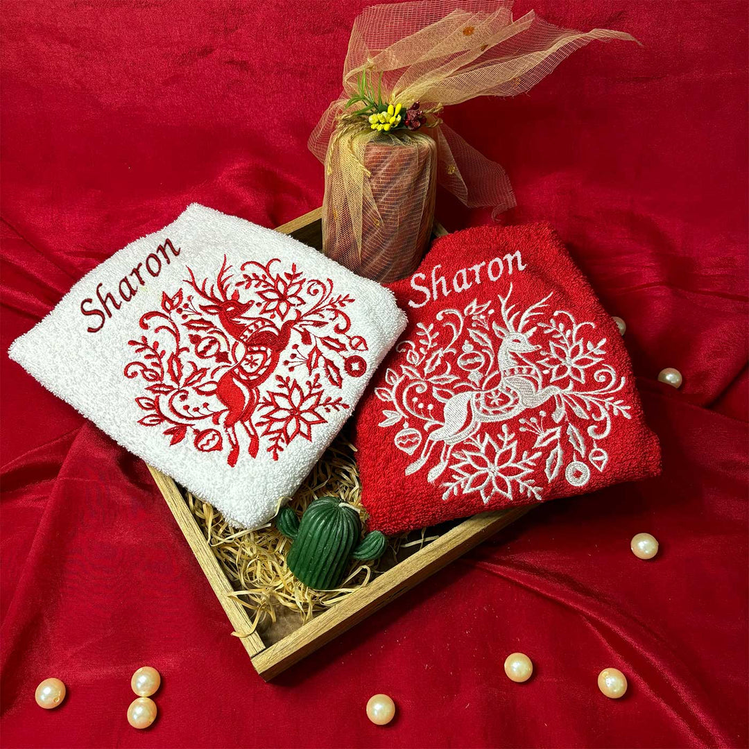 Personalized Reindeer Embroidered Towel & Candle Hamper | Xmas Gifting Ideas | Set Of 6