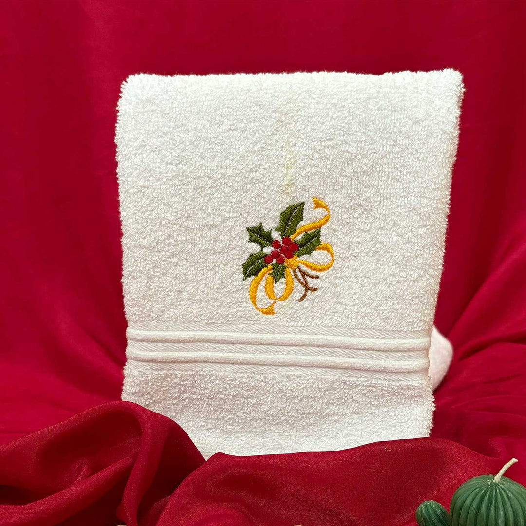 Personalized Holly Leaves Embroidered Cotton Hand Towel | Xmas Gifting Ideas