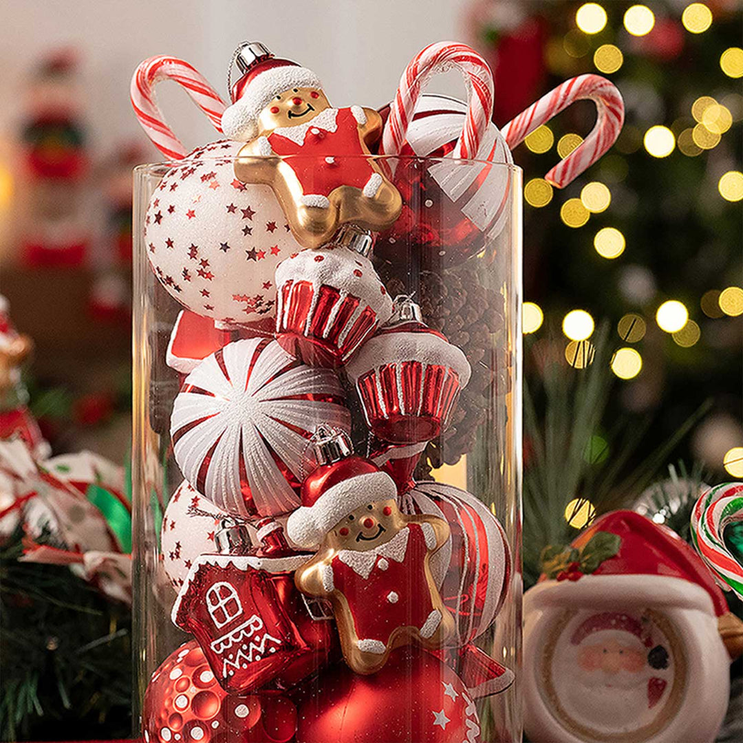 Red & White Gingerbread themed Christmas Ball Ornaments For Decoration | Set of 70