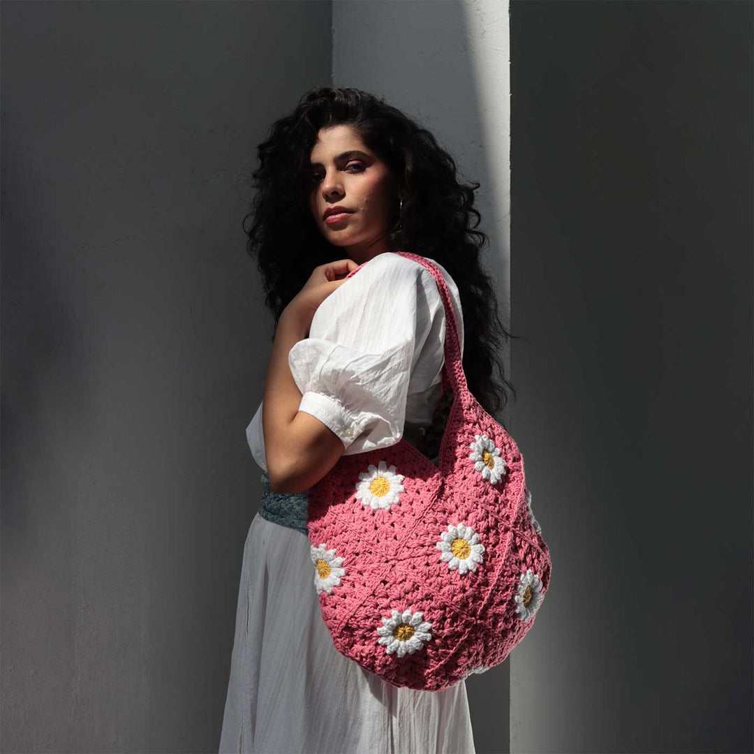 Handmade Crochet Pink Daisy Hobo Shoulder Bag