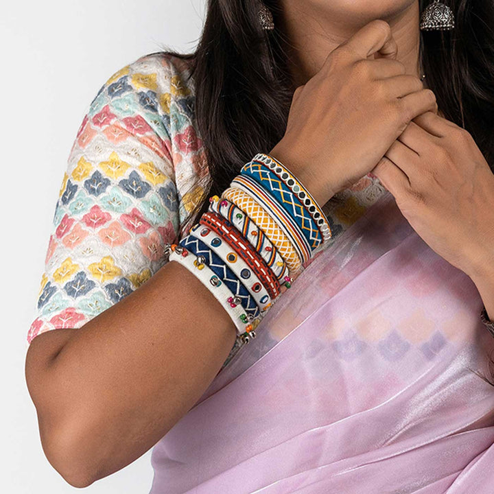 Multicolour Handcrafted Eka Cotton Thread & Wooden Beads Bangles | Set of 9