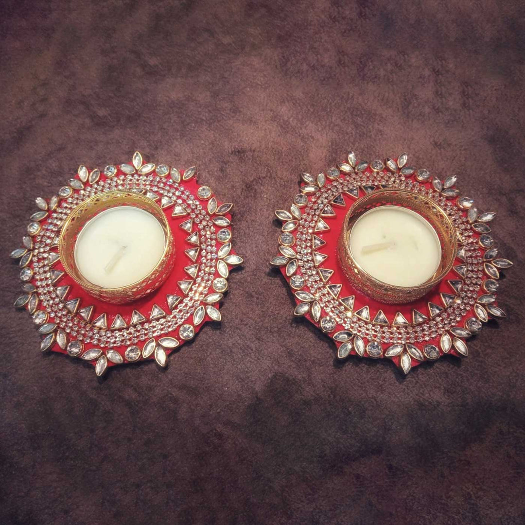 Handmade Kundan Work Tealight Holder | Set Of 2