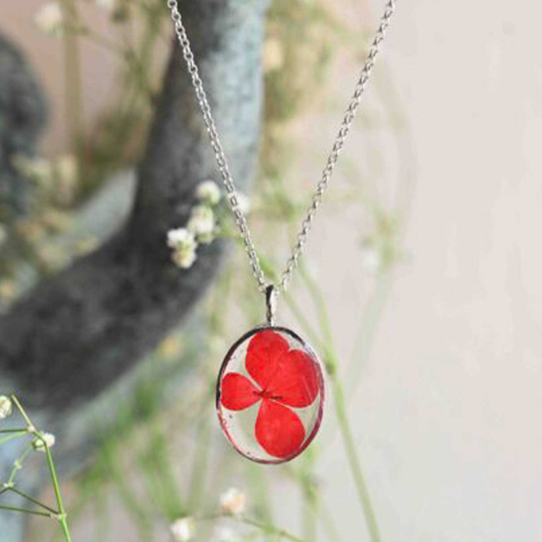 Handmade Preserved Flower Red Beating Heart Brass Necklace