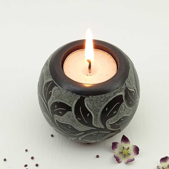 Handmade Black Mutaal Round Shape Candle Holder | Set of 2