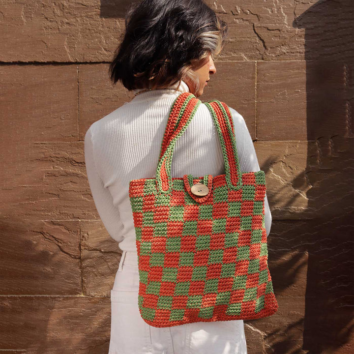 Handmade Crochet Checkered Tote Bag