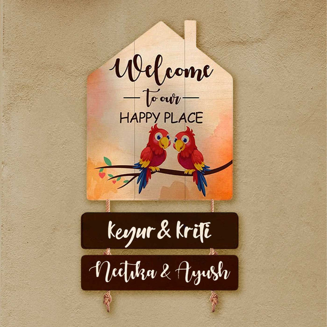 Printed Wooden House Shaped Parrot Nameplate For Couples