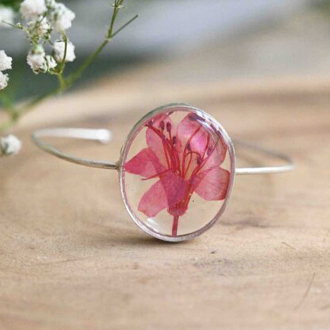 Handmade Pink Preserved Flower Brass Bangle