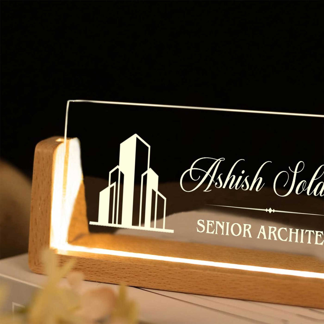 Personalized Architect Sleek Glass Desk Nameplate With LED Light