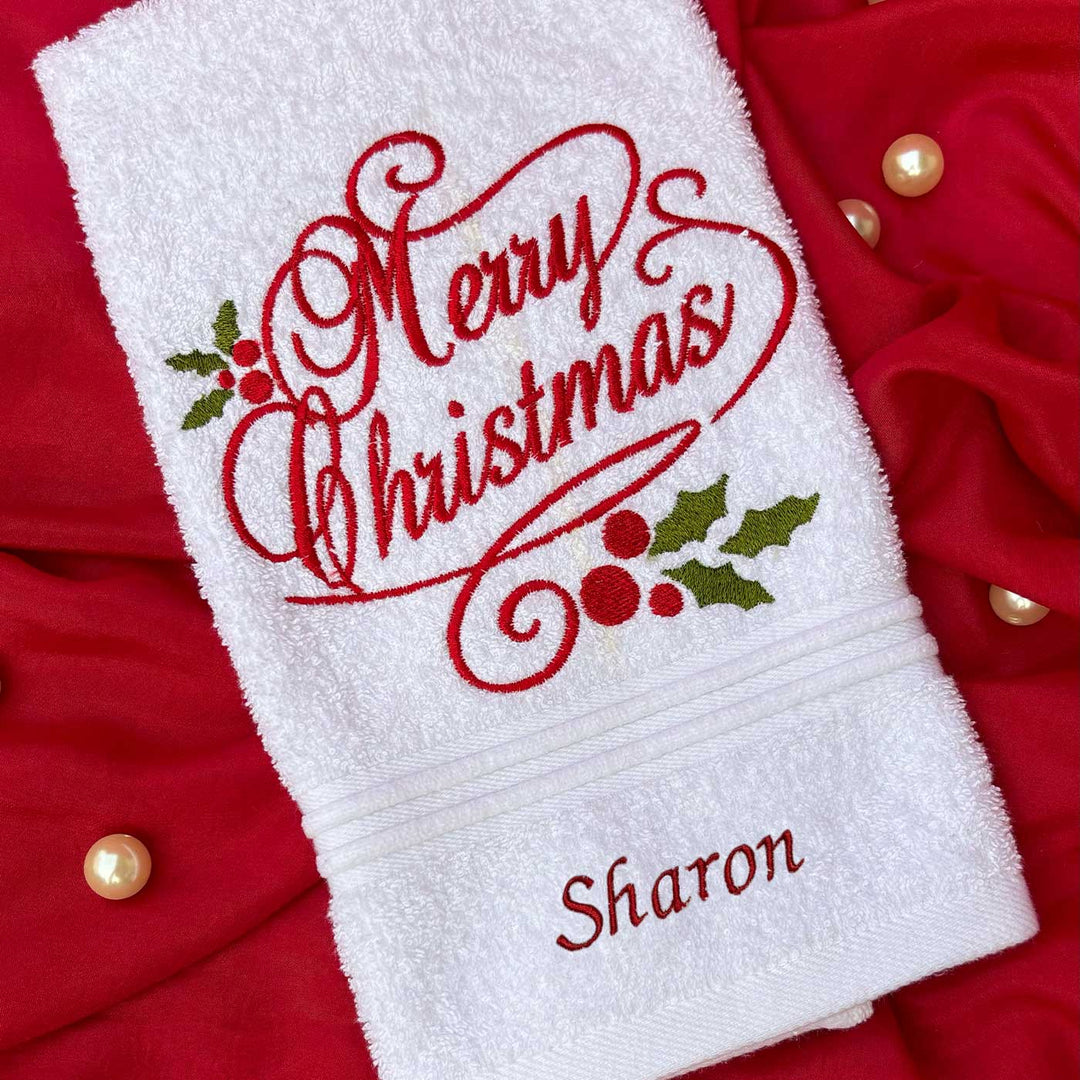 Personalized Merry Christmas Embroidered Cotton Hand Towel | Secret Santa Gift Ideas