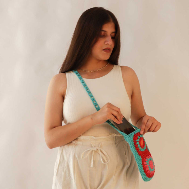 Handmade Crochet Flower Sling Bag For Mobile