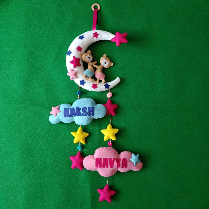 Personalized Handmade Moon Shaped Felt Kids Name Plate For Siblings