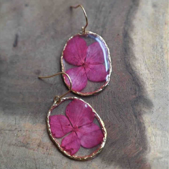 Handmade Preserved Flower Pink Hydrangea Brass Earrings