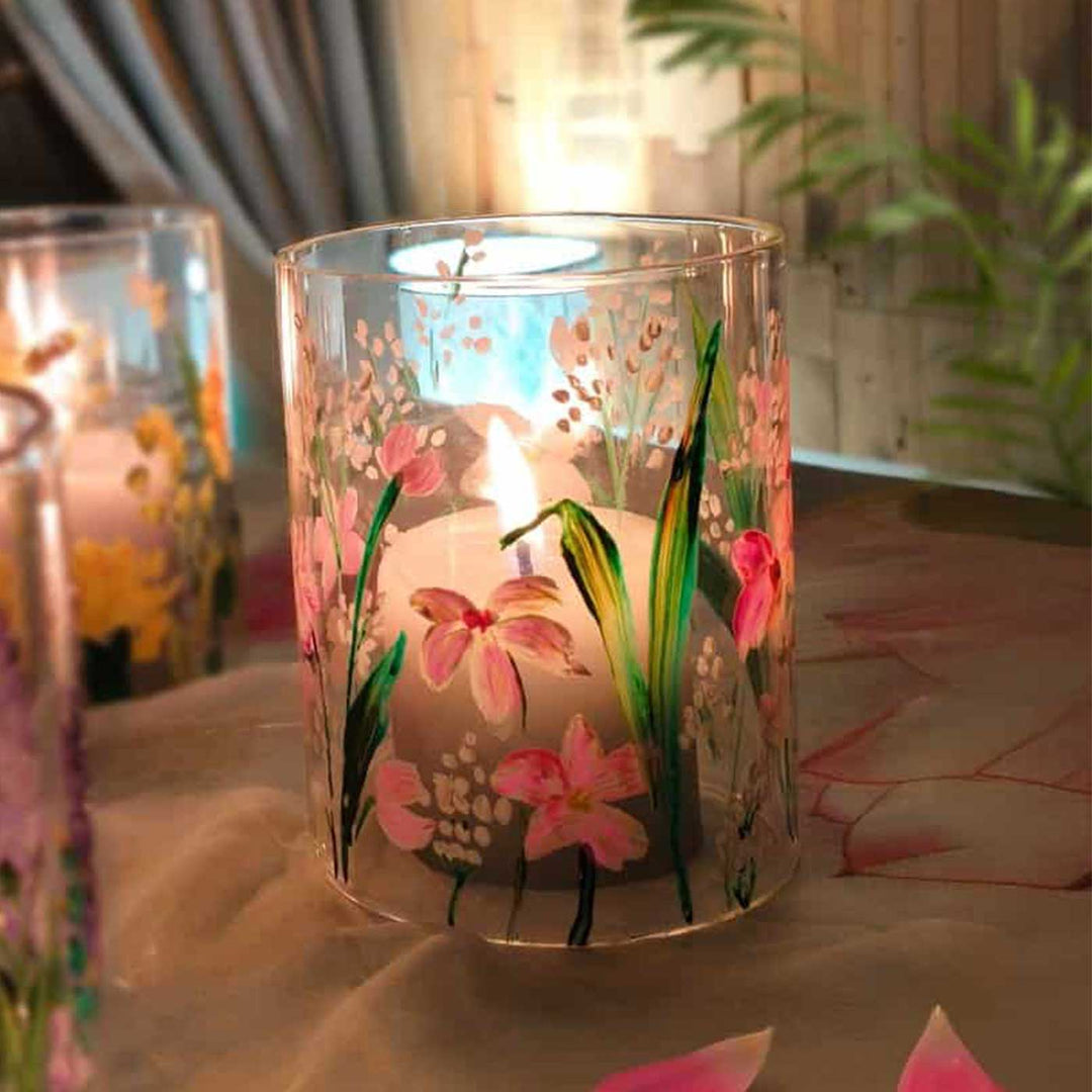 Hand Painted Floral Glass Candle Holder