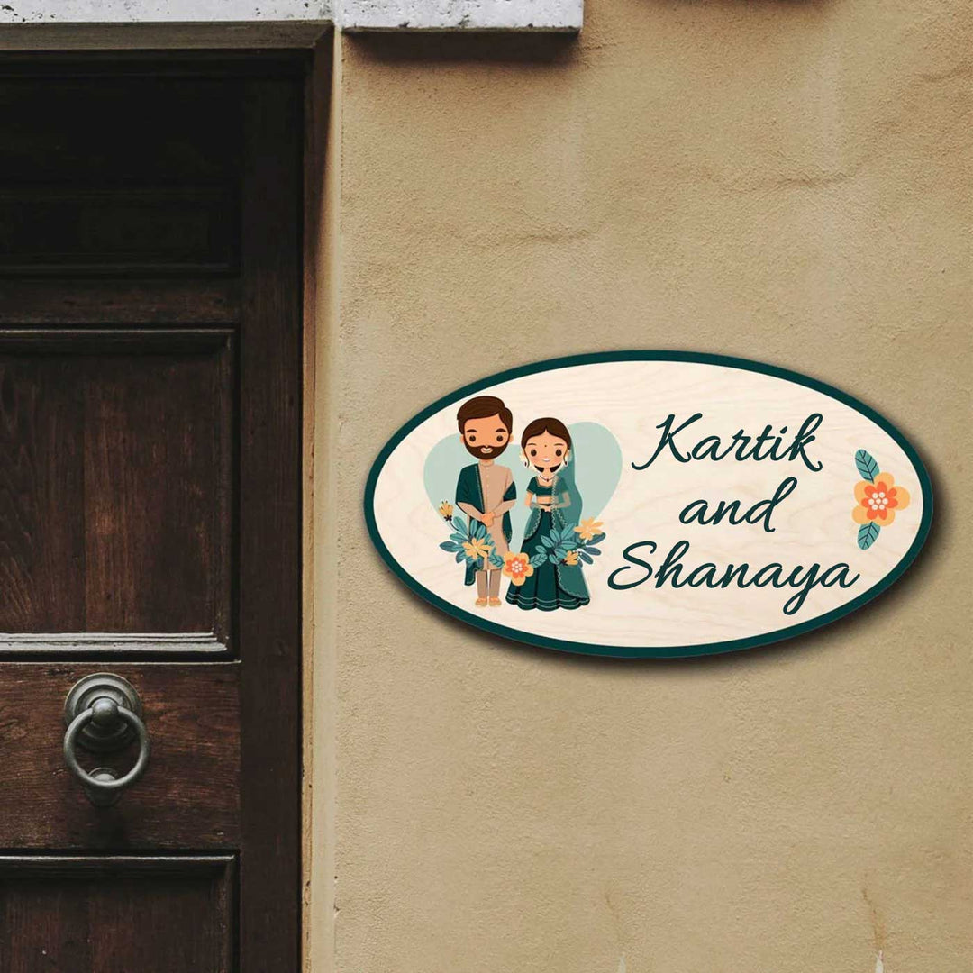 Printed Wooden Oval Character Nameplate For Couples