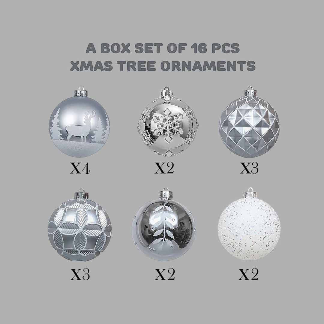 Silver & White Disco Shimmer theme Christmas Ball Ornaments For Decoration | Set of 16