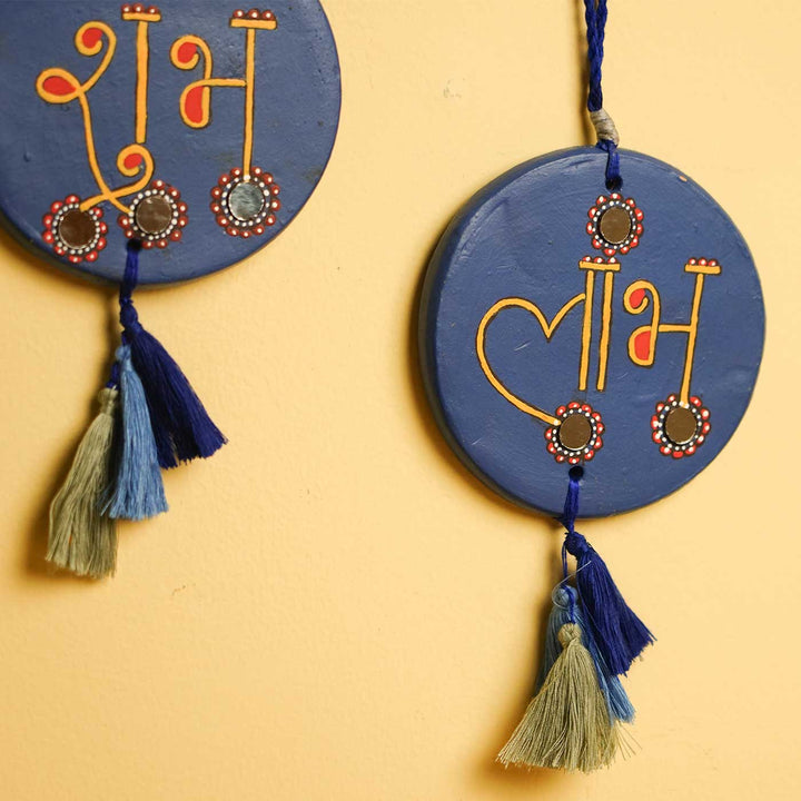 Handmade Blue Shubh - Labh Terracotta Hanging | Set Of 2