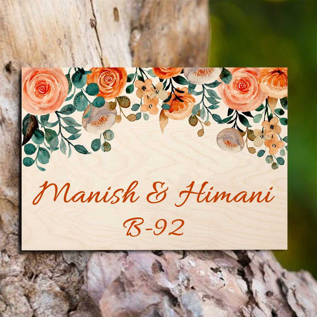 Printed Orange Floral Wooden Rectangle Nameplate