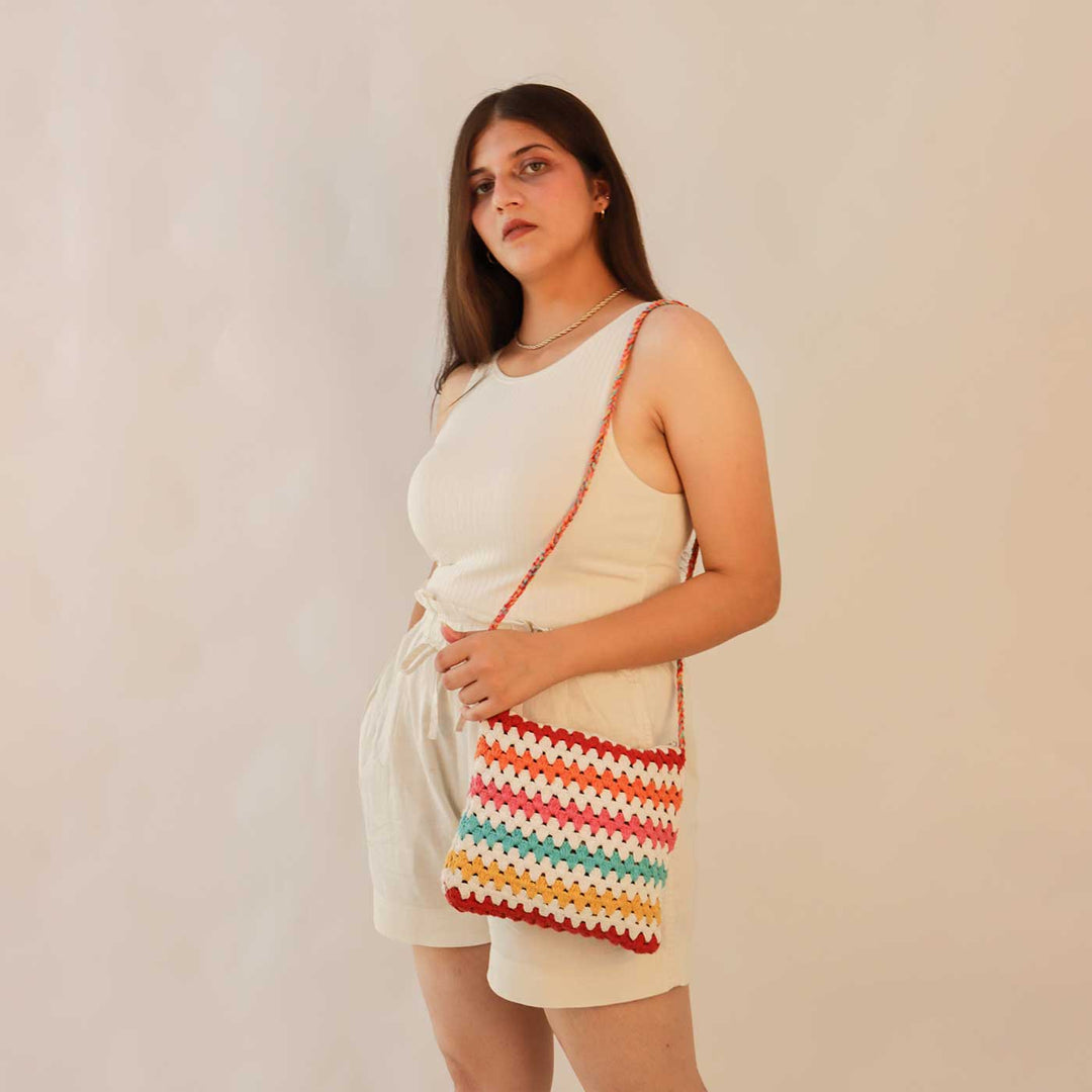 Handmade Crochet Striper Sling Bag