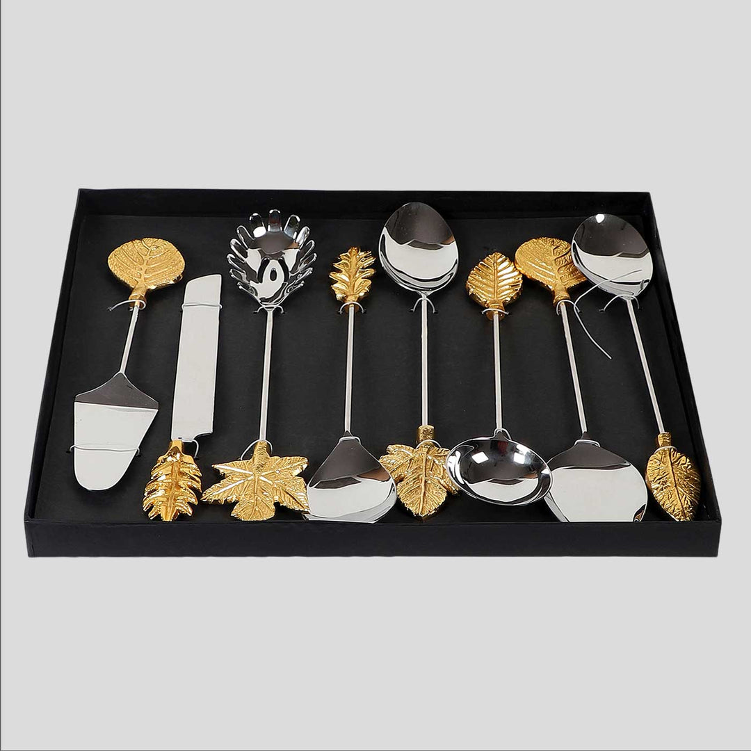 Handmade Gold Leaf Design Steel Serving Set | Set Of 8