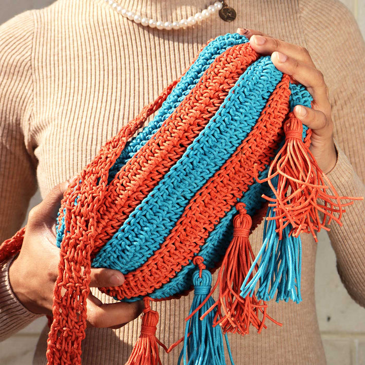 Handmade Crochet Orange & Blue Duffel Sling Bag