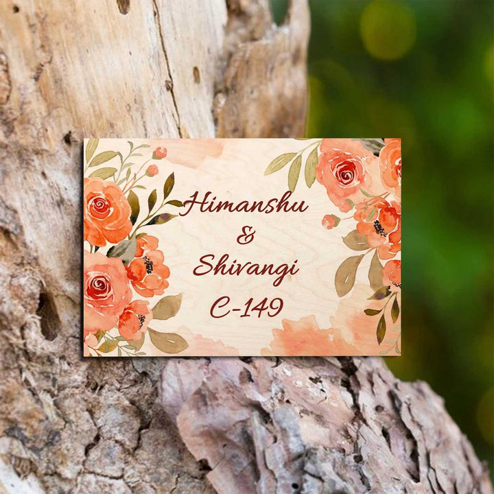 Printed Orange Floral Wooden Rectangle Nameplate